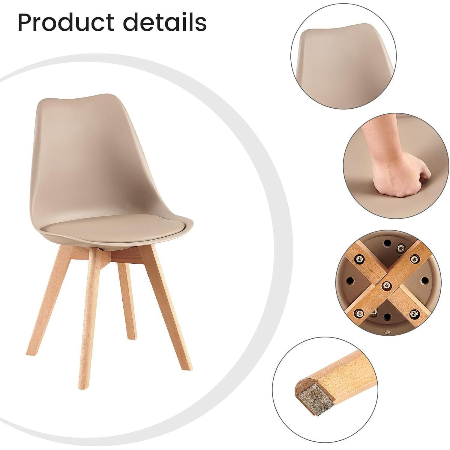 Dettagli del prodotto di una sedia beige con gambe in legno, inclusi primi piani di seduta e base.