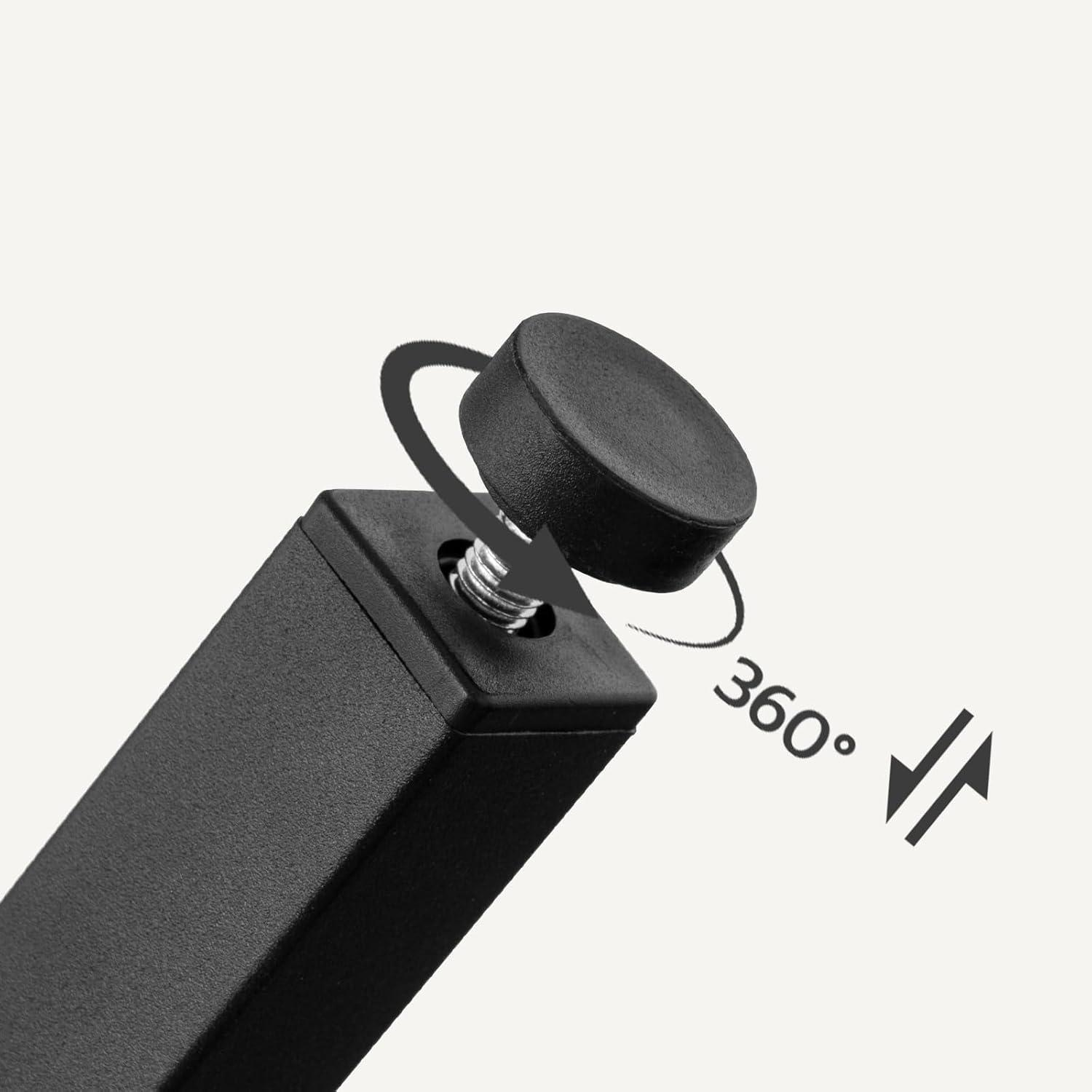 Una gamba per mobili nera con piedino a vite regolabile e girevole e simbolo a 360 gradi.