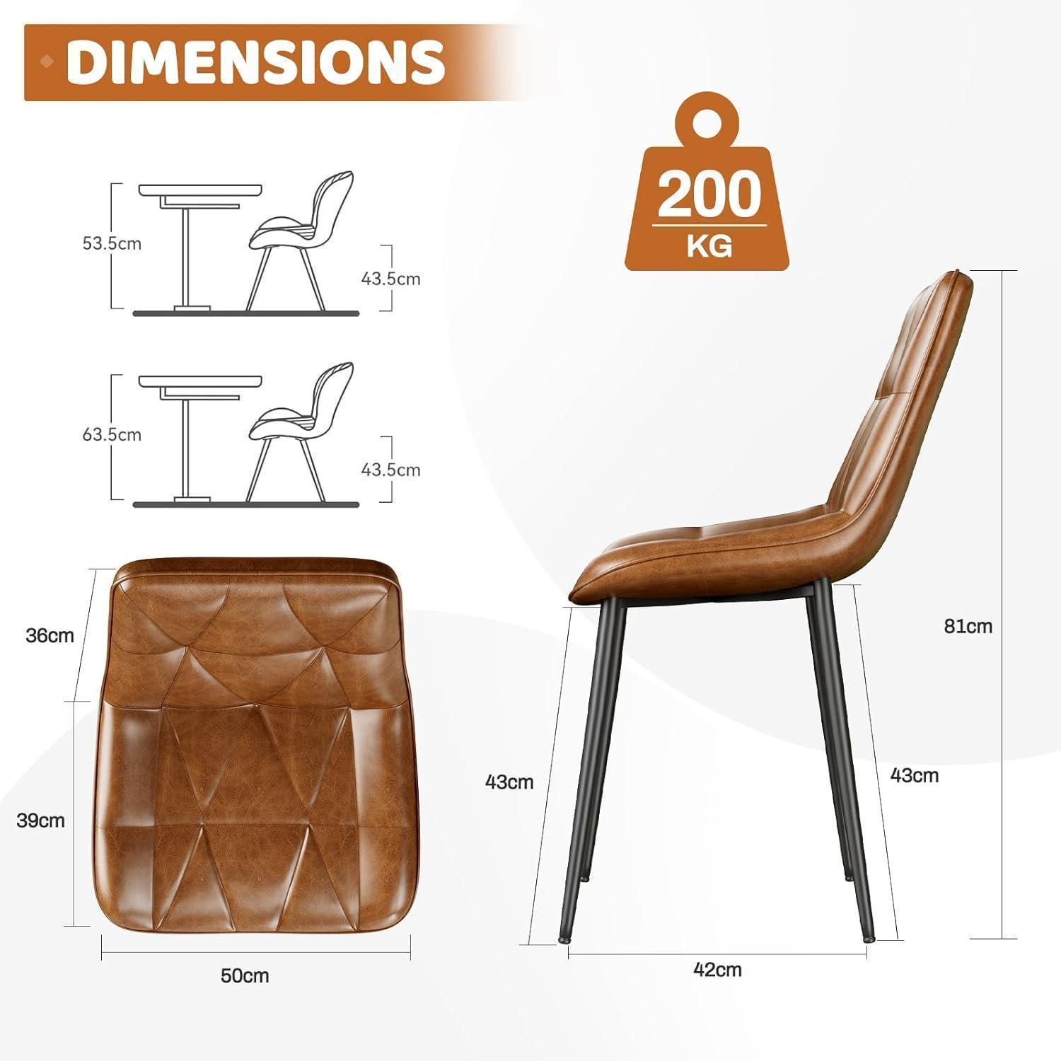 Diagramma che mostra le dimensioni di una sedia in pelle marrone con gambe nere e capacità di peso.