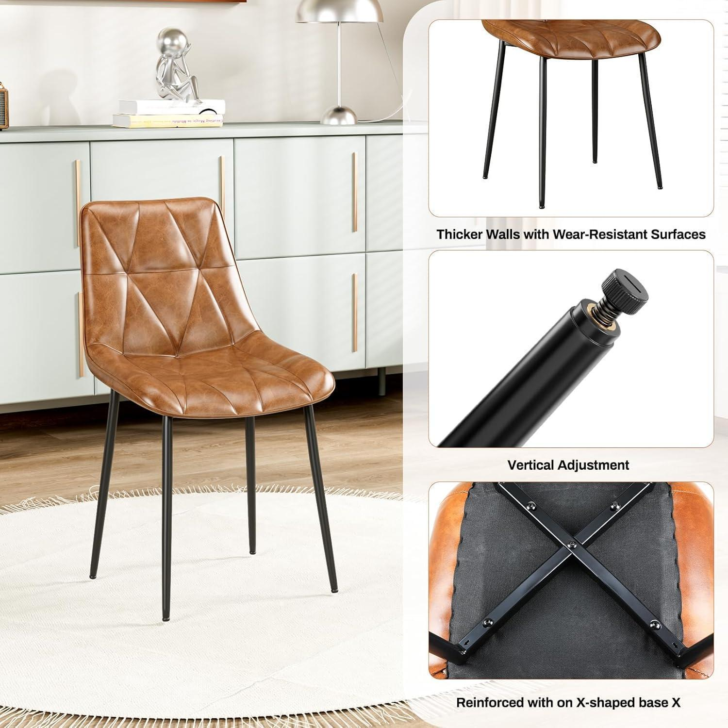 Sedia marrone con gambe in metallo nero, più primi piani di gambe, regolazione e base a X.