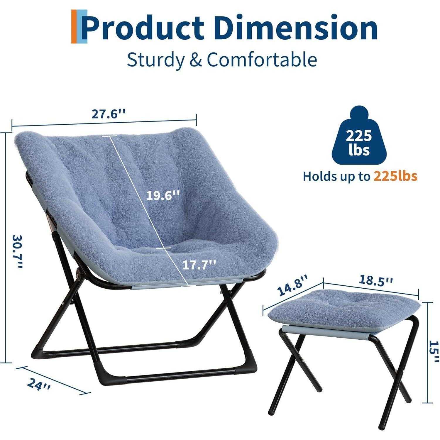 Dimensioni del prodotto di una sedia pieghevole in peluche blu con poggiapiedi e peso.