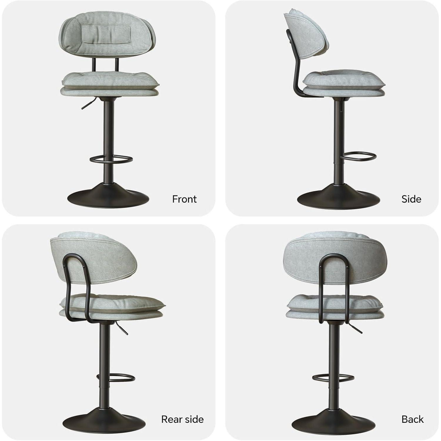 Quattro viste di uno sgabello da bar grigio con struttura in metallo nero: fronte, lato, retro e schienale.
