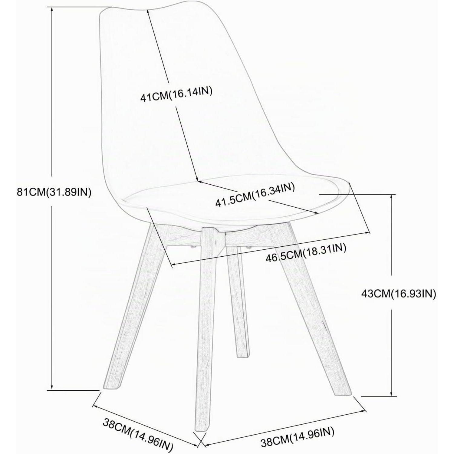 Diagramma di una sedia con dimensioni in centimetri e pollici.