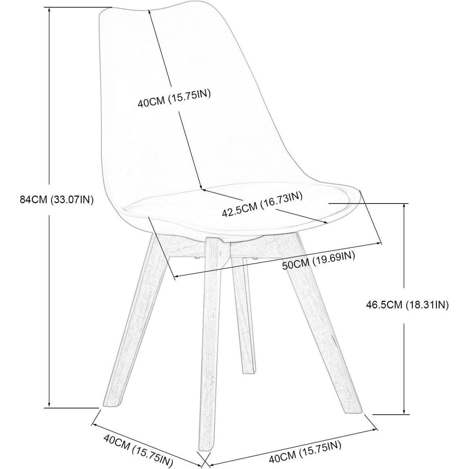 Disegno tecnico di una sedia con dimensioni in centimetri e pollici su sfondo bianco.