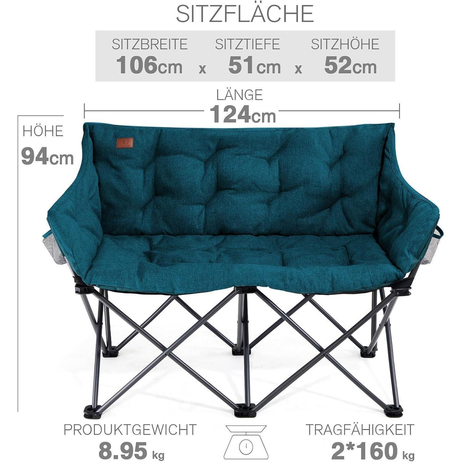 Il diagramma mostra le dimensioni di una panca da campeggio blu con telaio in metallo nero e peso.