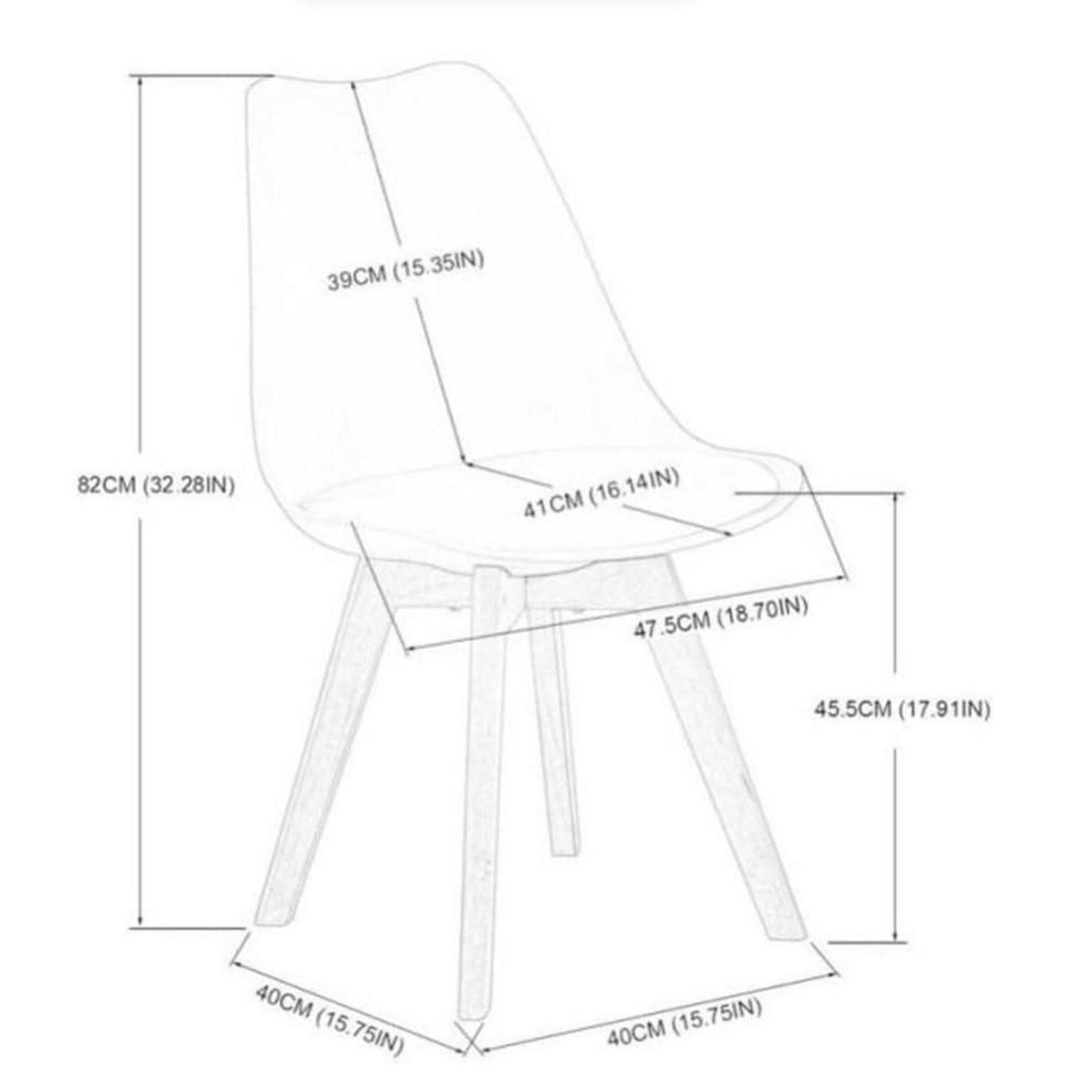 Disegno al tratto di una sedia moderna con dimensioni in centimetri e pollici.