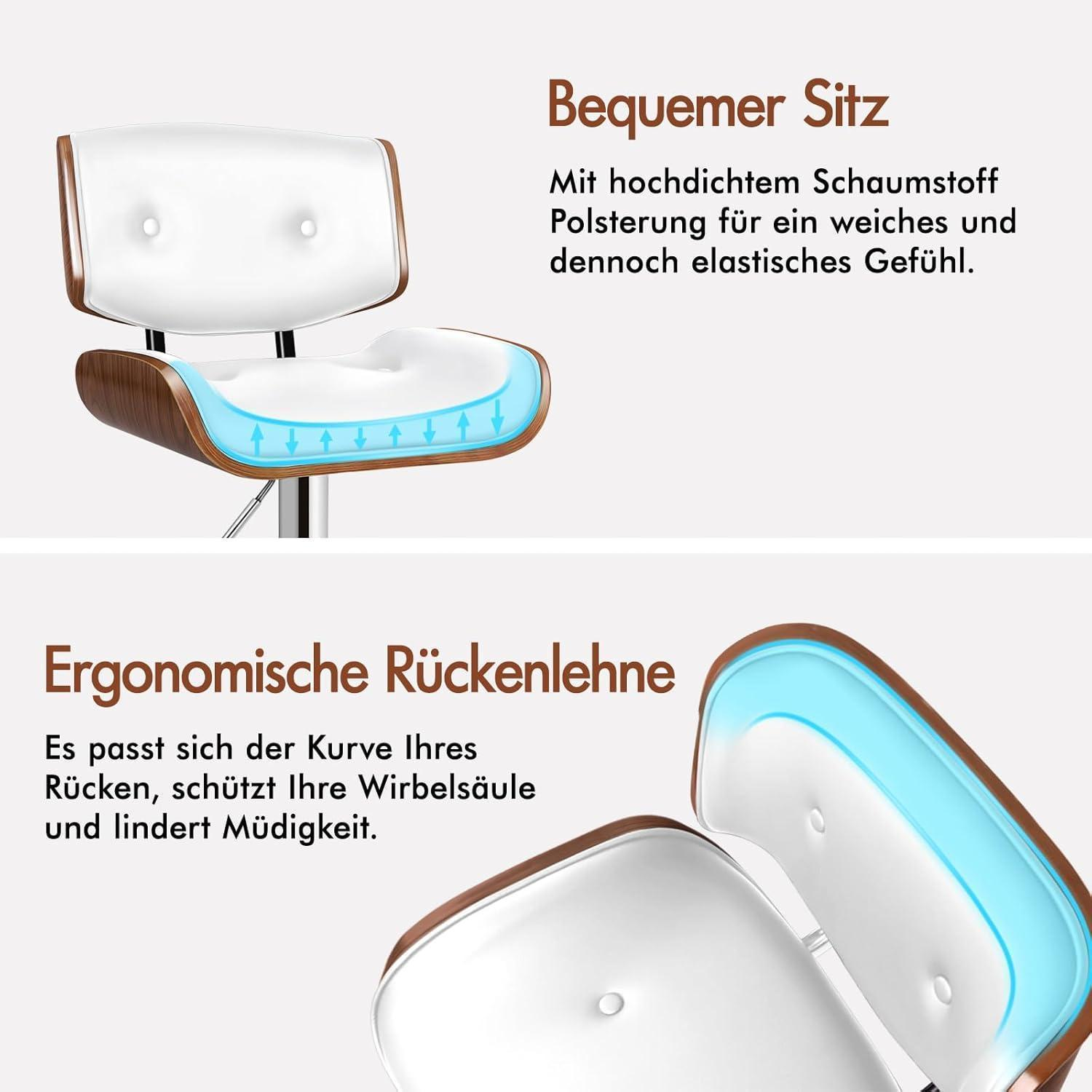 Il diagramma mostra la comoda seduta e lo schienale ergonomico di una moderna sedia in legno con cuscino bianco.