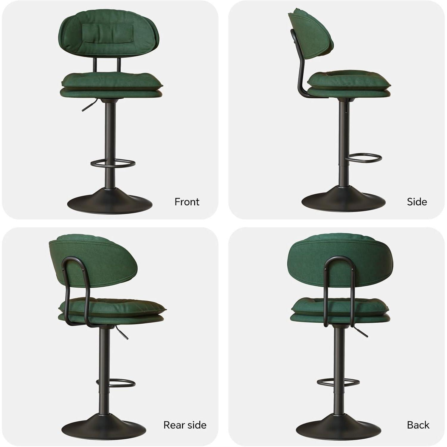 Sgabello da bar verde con struttura in metallo nero mostrato da quattro diverse prospettive: davanti, lato, retro e posteriore.