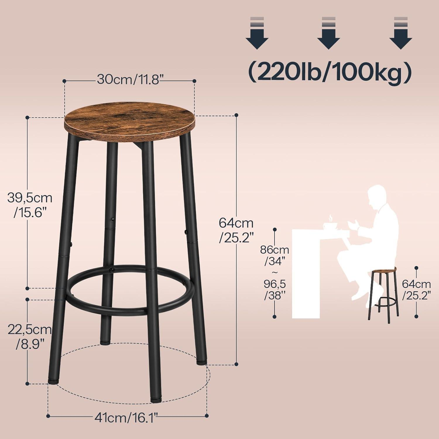 Schema di uno sgabello da bar rotondo con dimensioni, struttura in metallo nero e seduta in legno.