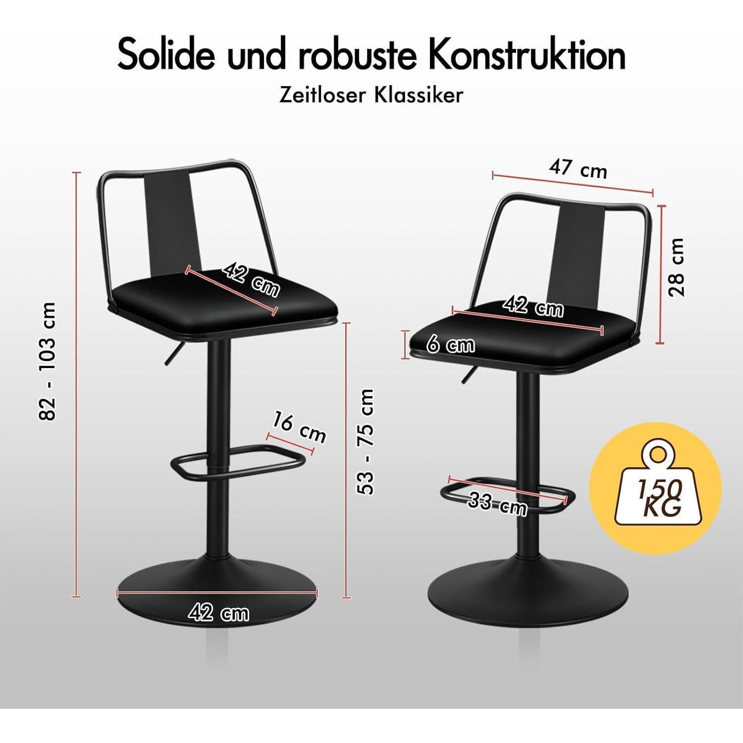 Il diagramma mostra le dimensioni di uno sgabello da bar nero con seduta imbottita.