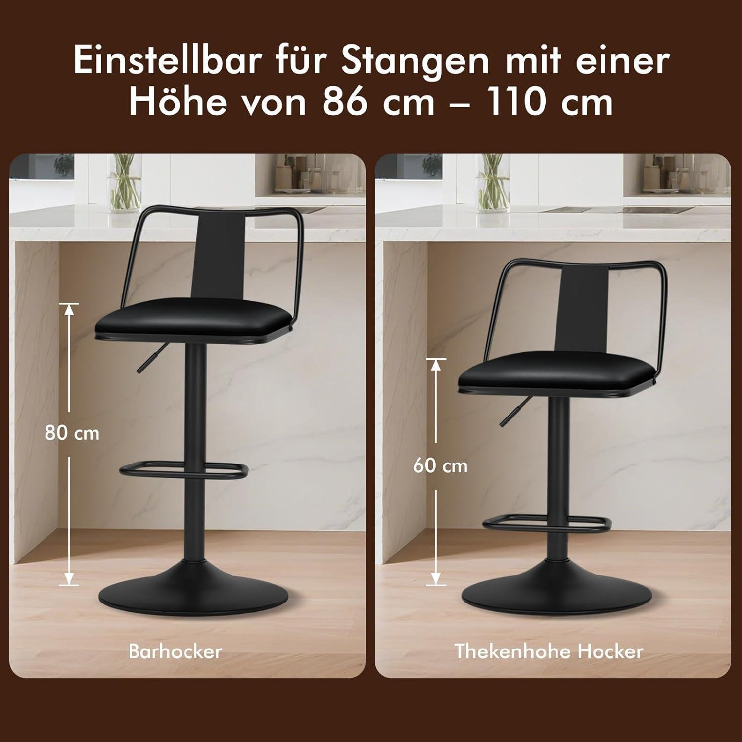 Due sgabelli da bar neri in cucina mostrano altezze della seduta regolabili di 80 cm e 60 cm.