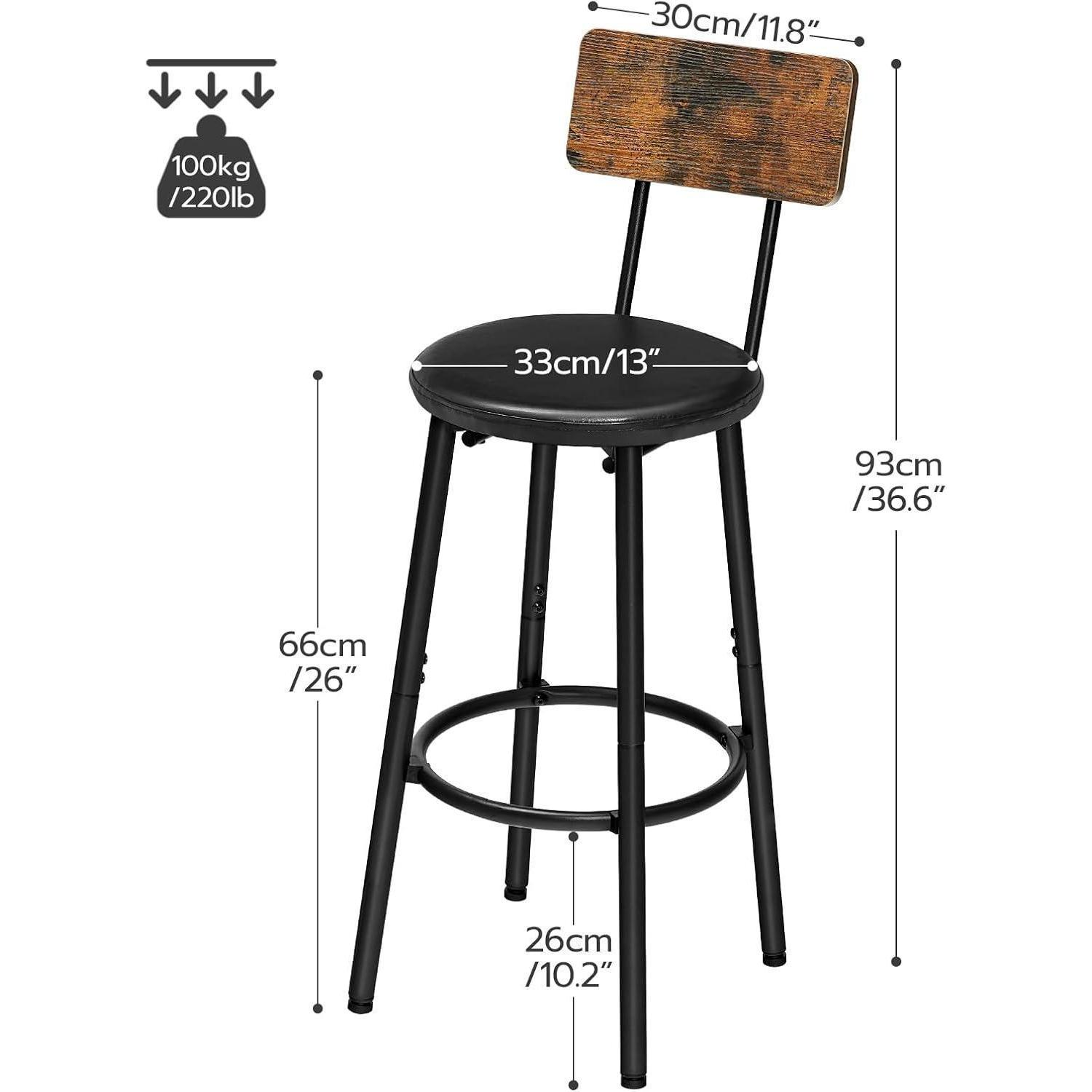 Disegno tecnico di uno sgabello da bar nero con schienale in legno, con dimensioni e limite di peso.