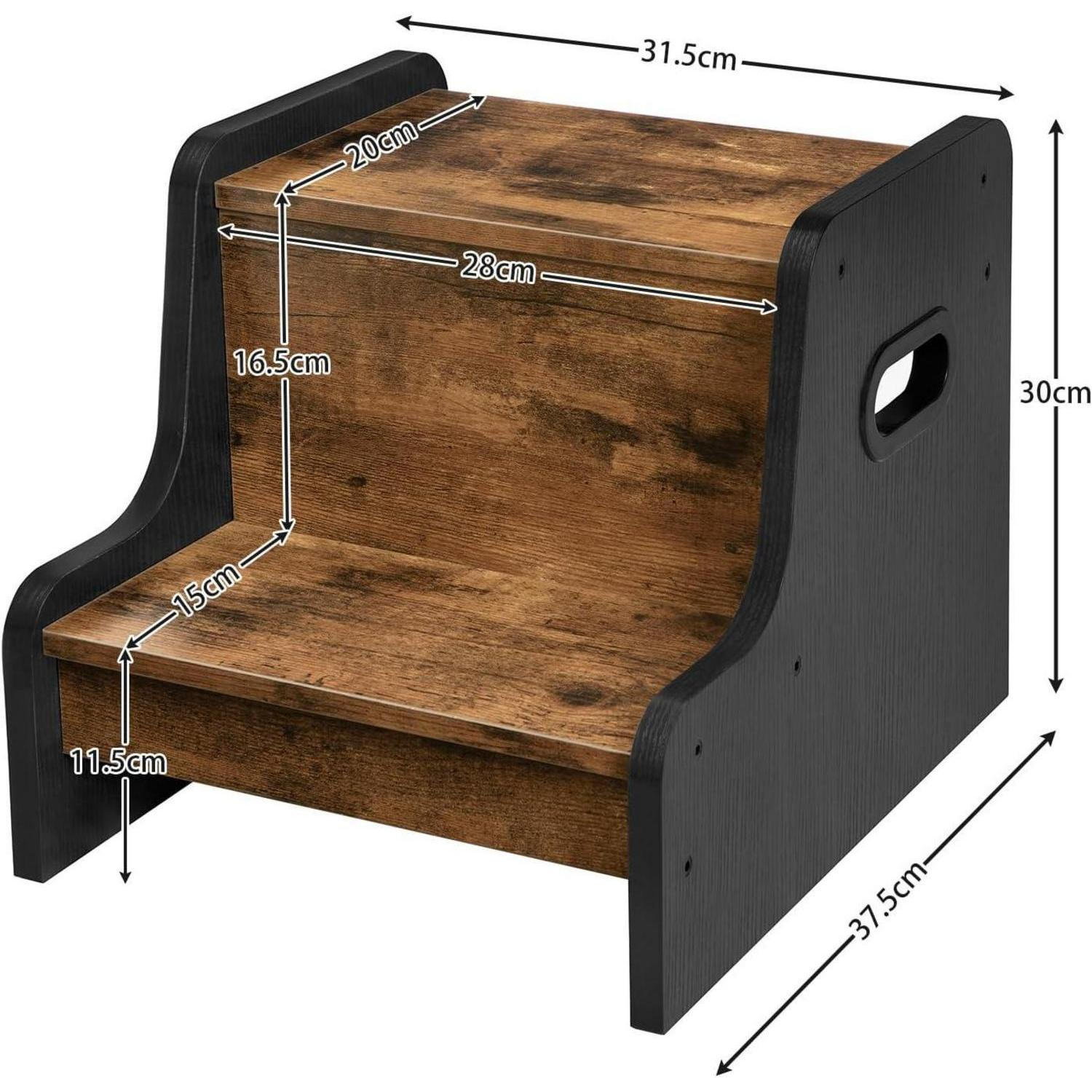 Sgabello a due gradini in legno con lati neri e dimensioni.