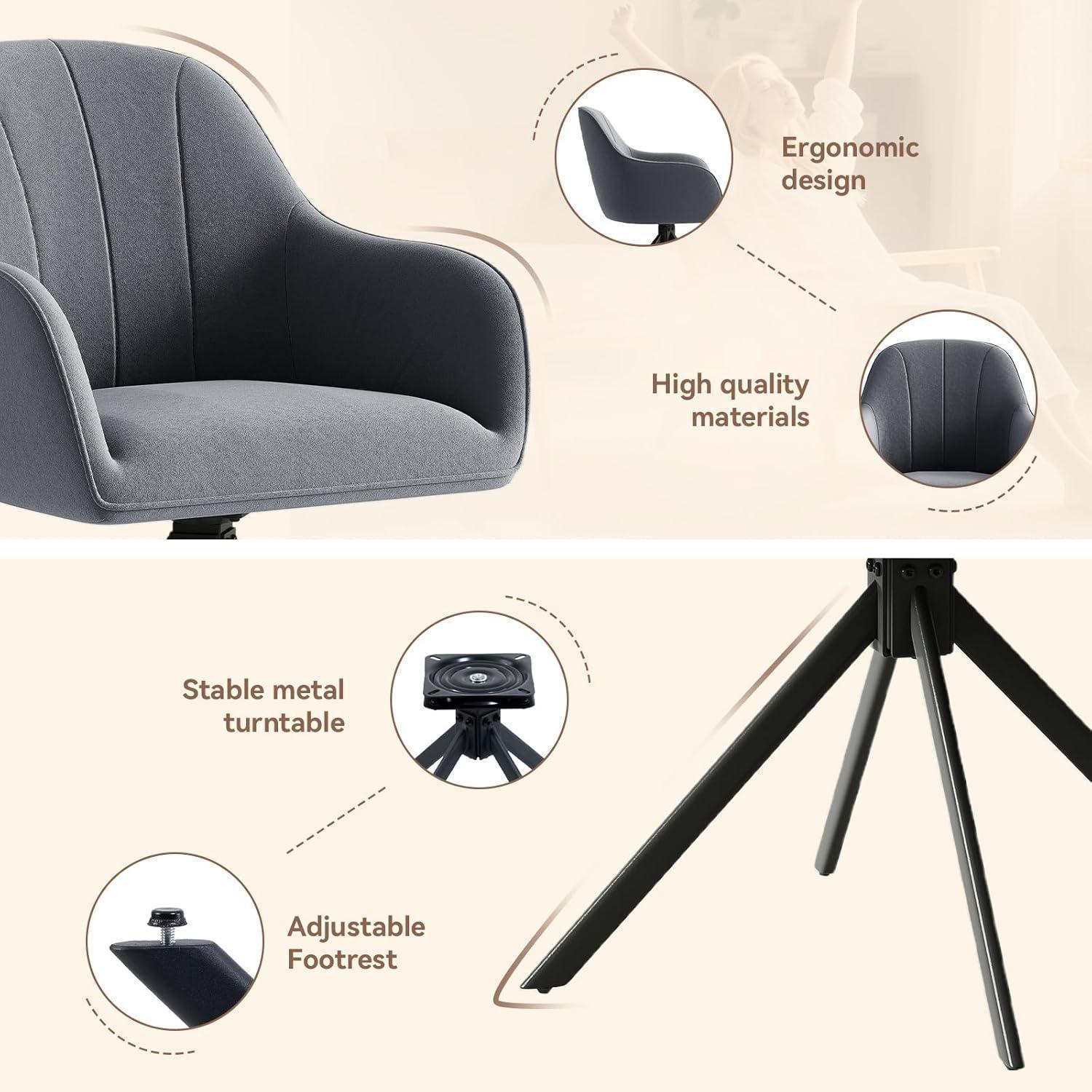 Sedia grigia con design ergonomico, materiali di qualità, base girevole in metallo e poggiapiedi regolabile.
