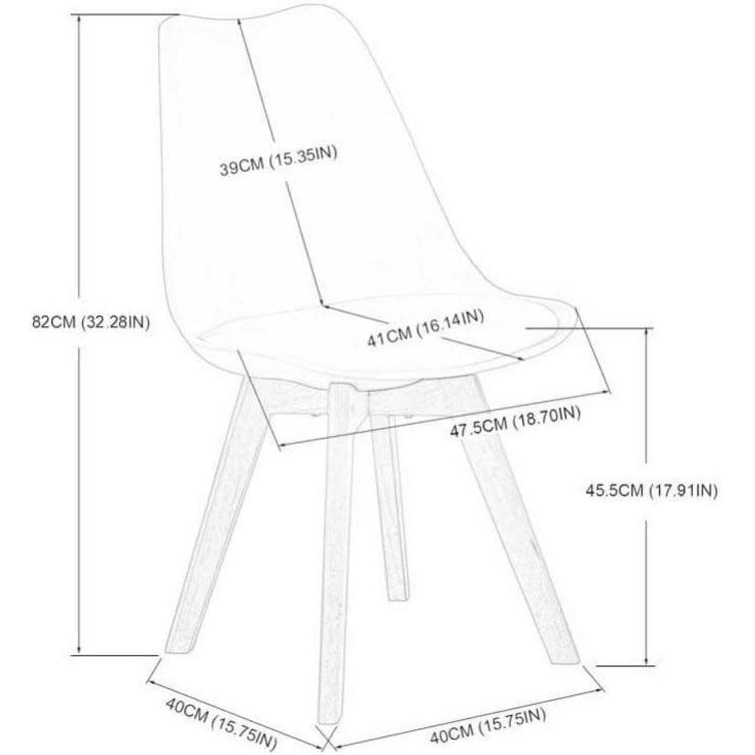 Diagramma di una sedia che mostra le dimensioni in centimetri e pollici per altezza, larghezza e profondità.