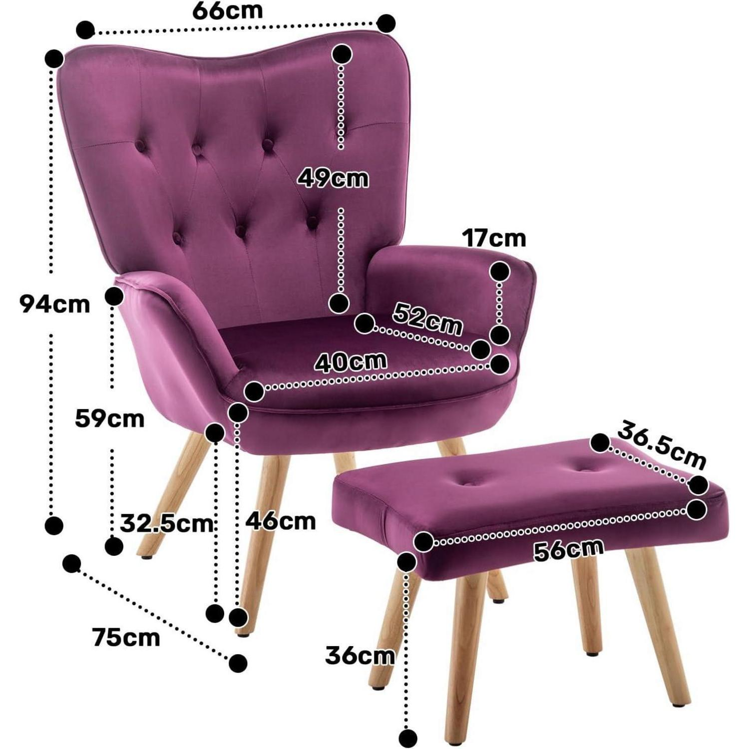 Poltrona in velluto viola e poggiapiedi coordinato con gambe in legno chiaro, con misure.