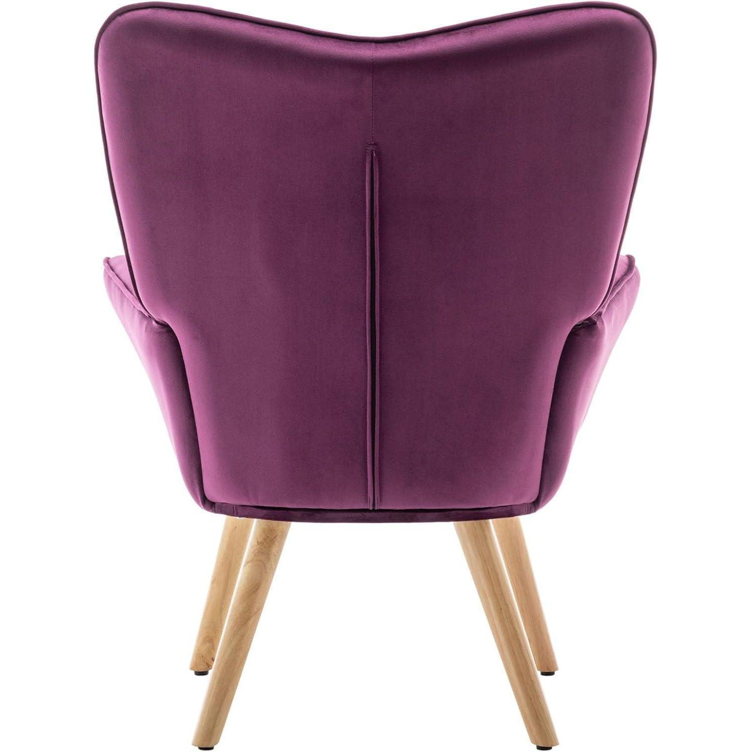 Vista posteriore di una poltrona in velluto viola con gambe in legno chiaro.