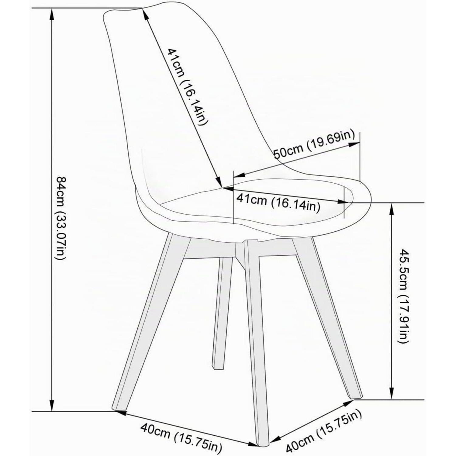 Disegno al tratto di una sedia moderna con dimensioni in centimetri e pollici.