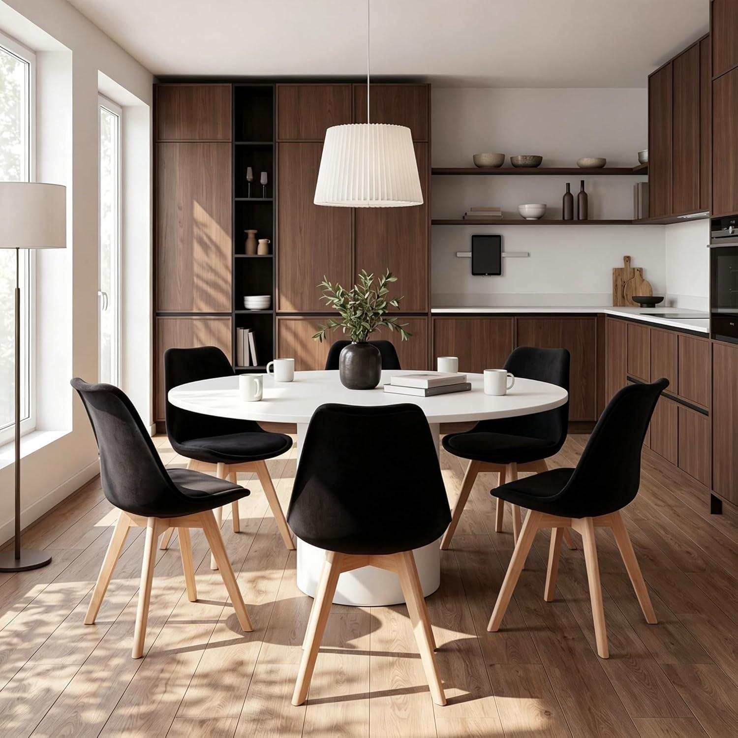 Sala da pranzo con tavolo bianco, sedie nere e mobili in legno.
