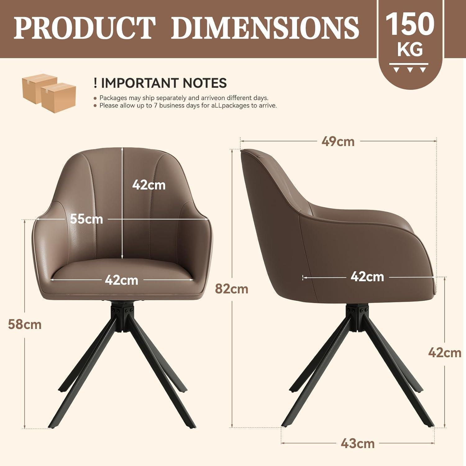 Grafica delle dimensioni del prodotto con vista frontale e laterale di una poltrona marrone con gambe nere e misure.