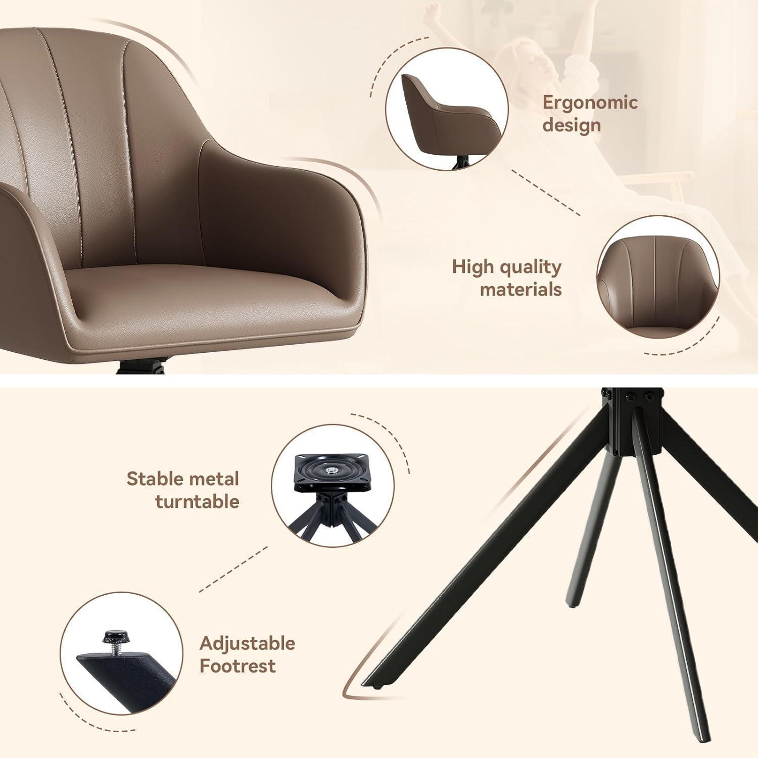 Infografica che mostra le caratteristiche ergonomiche e stabili di una moderna poltrona marrone con gambe in metallo.