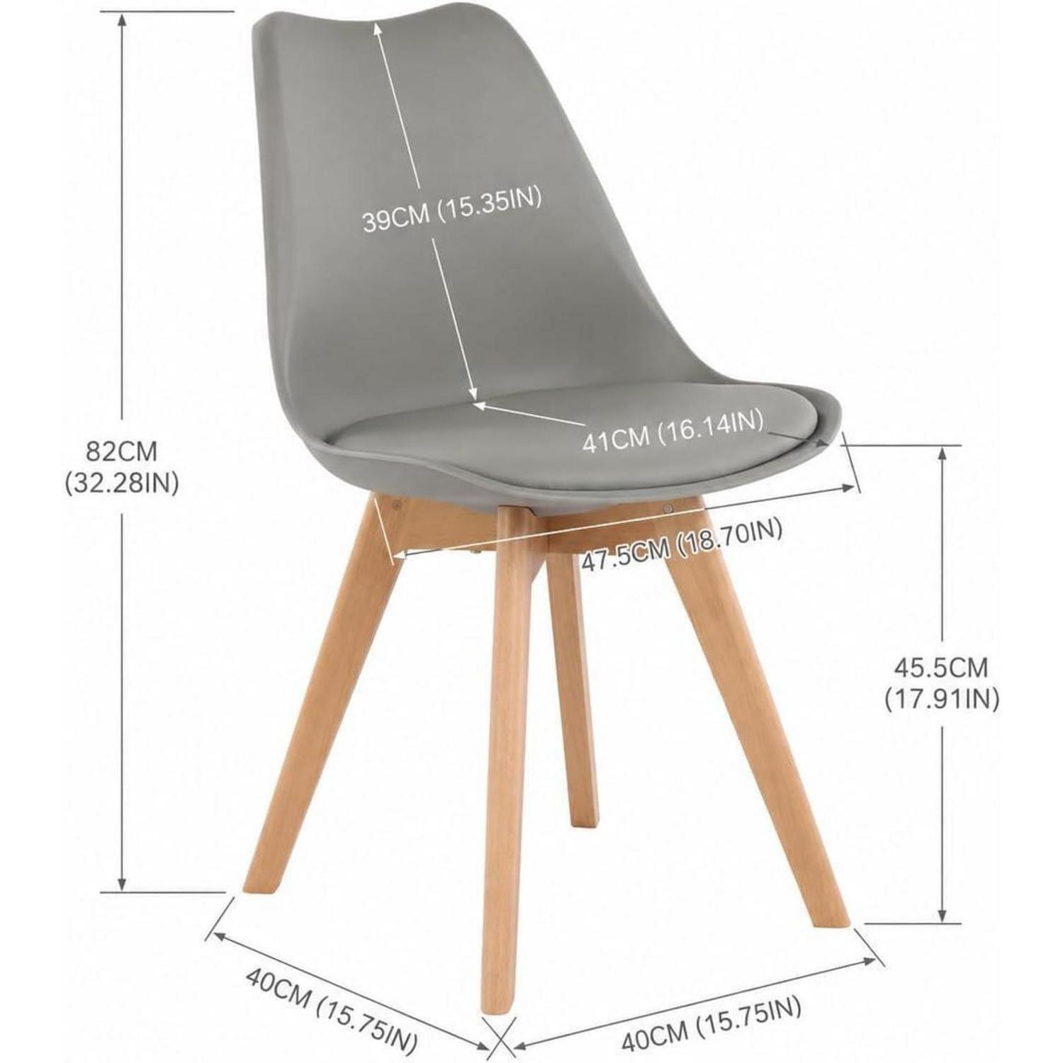 Sedia grigia con gambe in legno e misure dettagliate in centimetri e pollici.