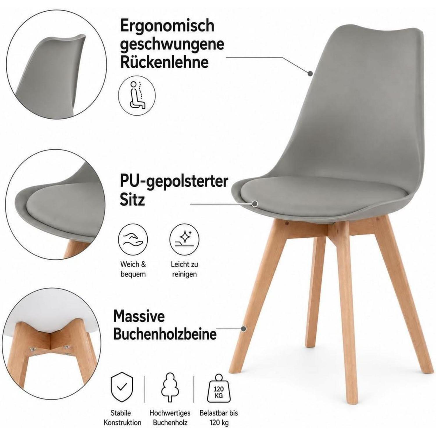 Diagramma di una sedia grigia con gambe in legno, seduta imbottita e schienale ergonomico.