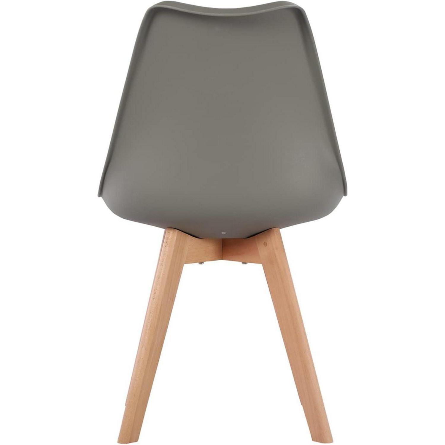 Vista posteriore di una sedia grigia moderna con quattro gambe in legno chiaro su sfondo bianco.