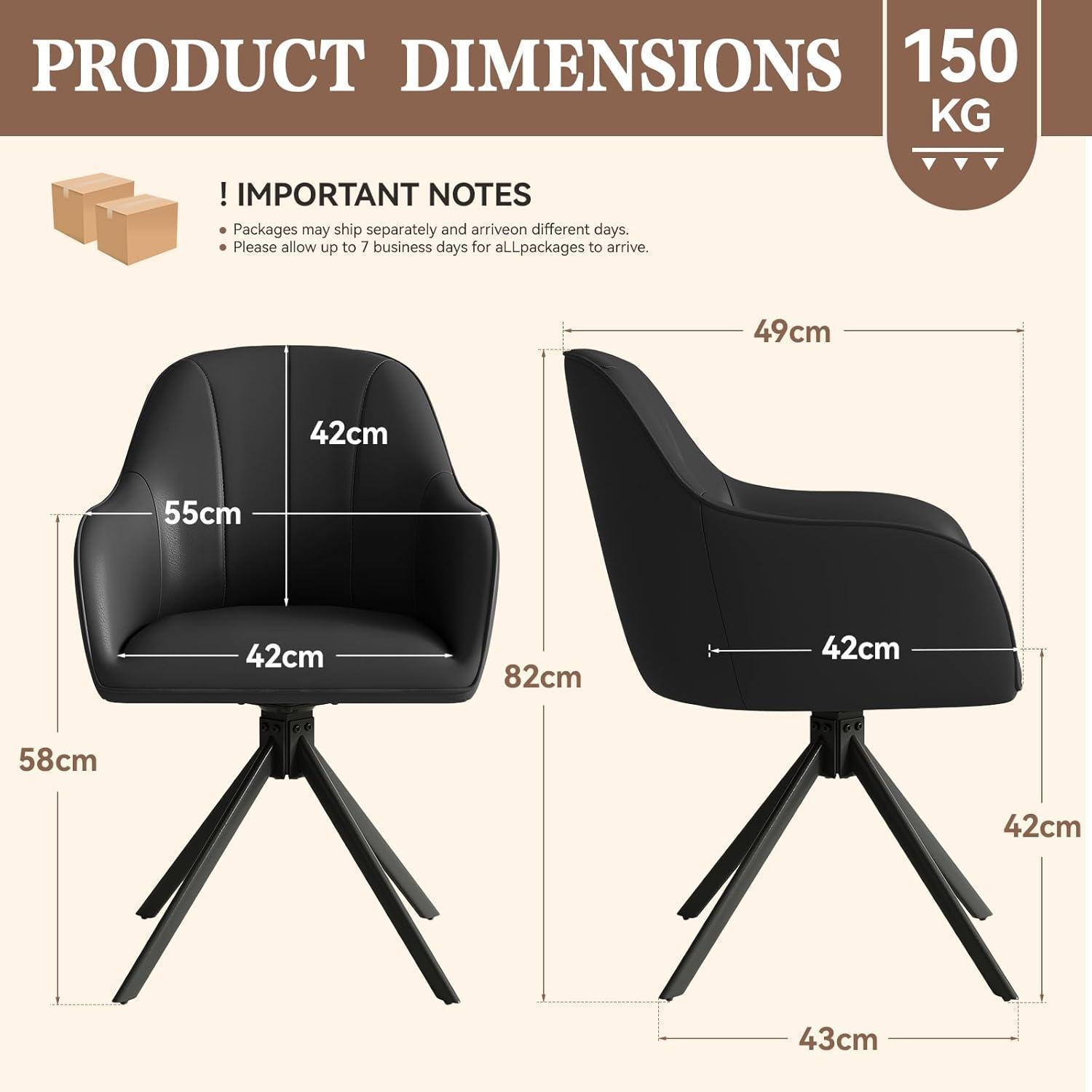 Diagramma che mostra le dimensioni del prodotto di una sedia nera con gambe in metallo e note importanti.
