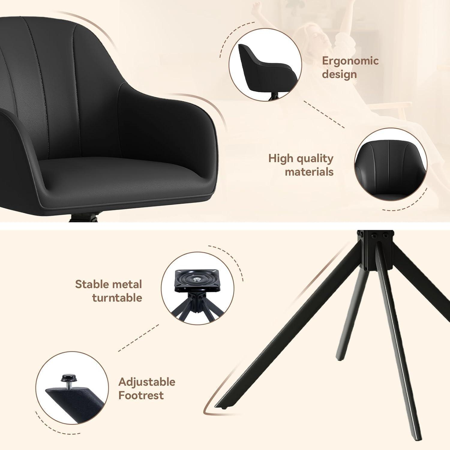 Schema di una sedia da ufficio nera che evidenzia design ergonomico, materiali di qualità, base girevole e poggiapiedi regolabile.