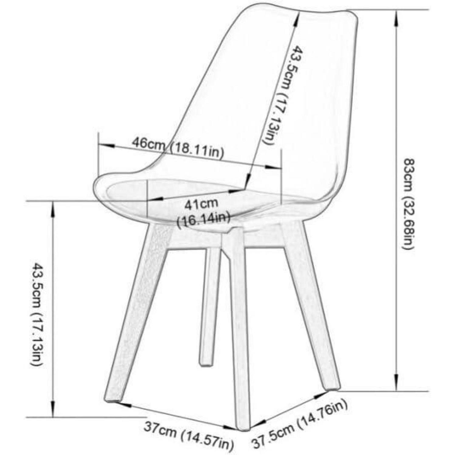 Schema di una sedia con dimensioni in centimetri e pollici.