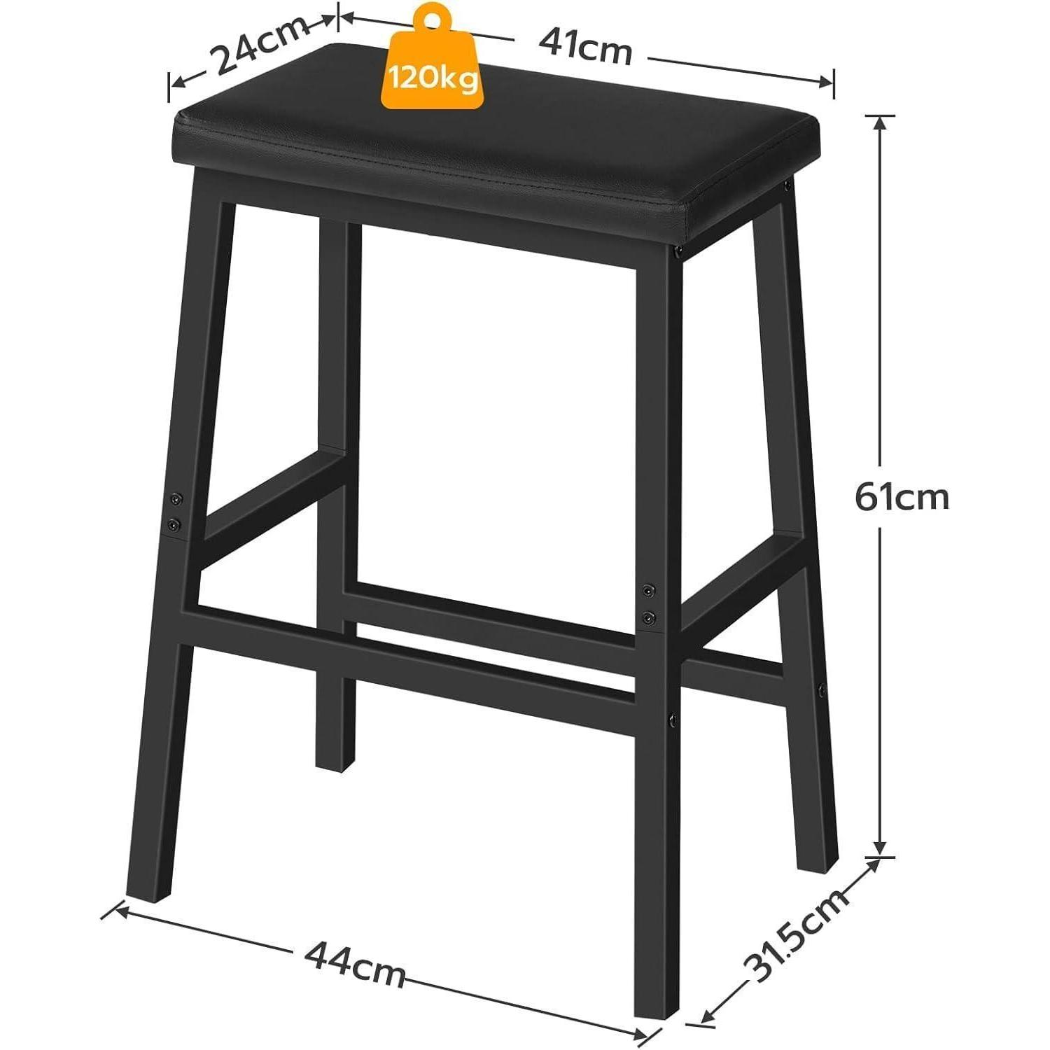 Sgabello da bar nero con struttura in metallo, seduta imbottita e dimensioni.
