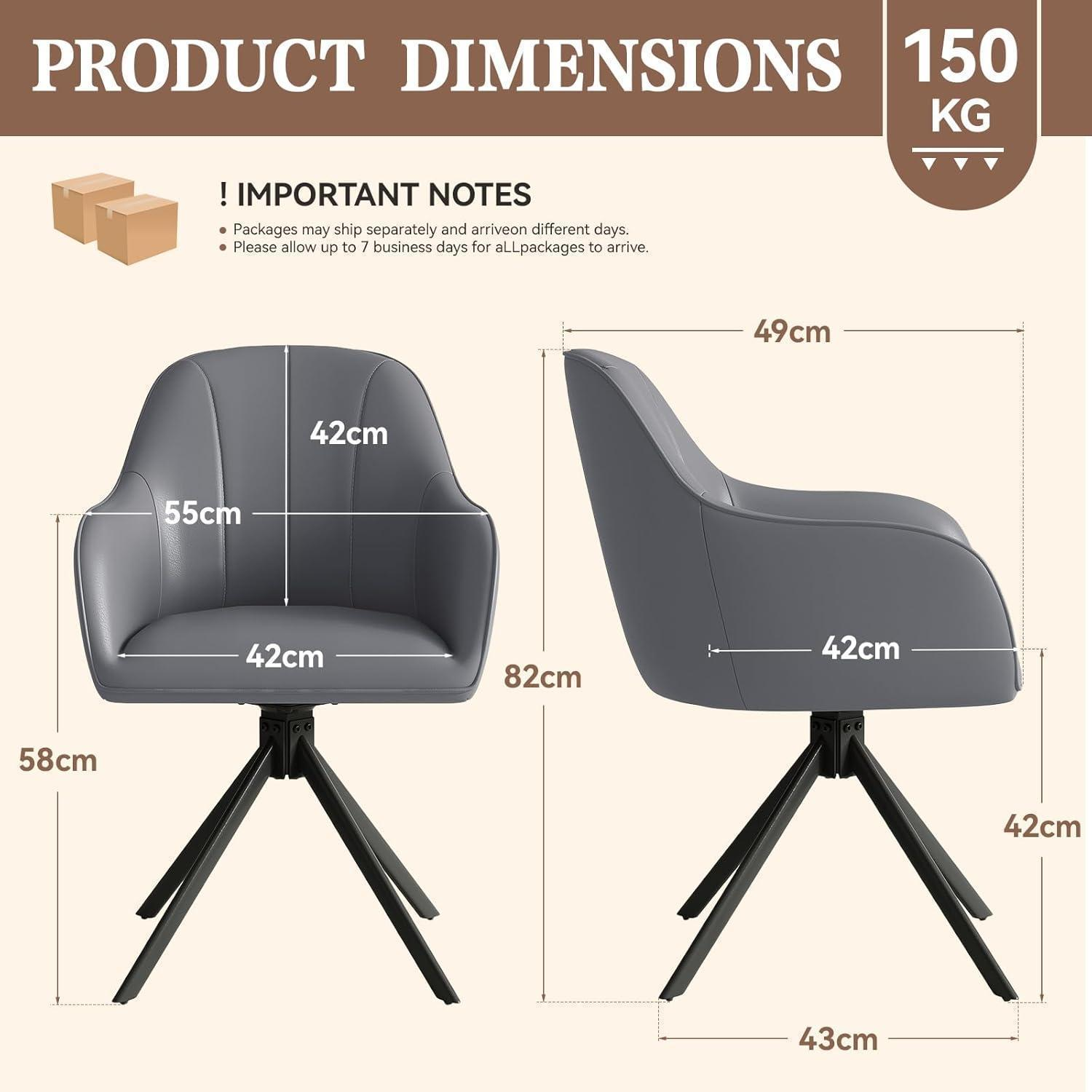 Diagramma che mostra le dimensioni di una poltrona grigia con base in metallo nero e capacità di 150 kg.