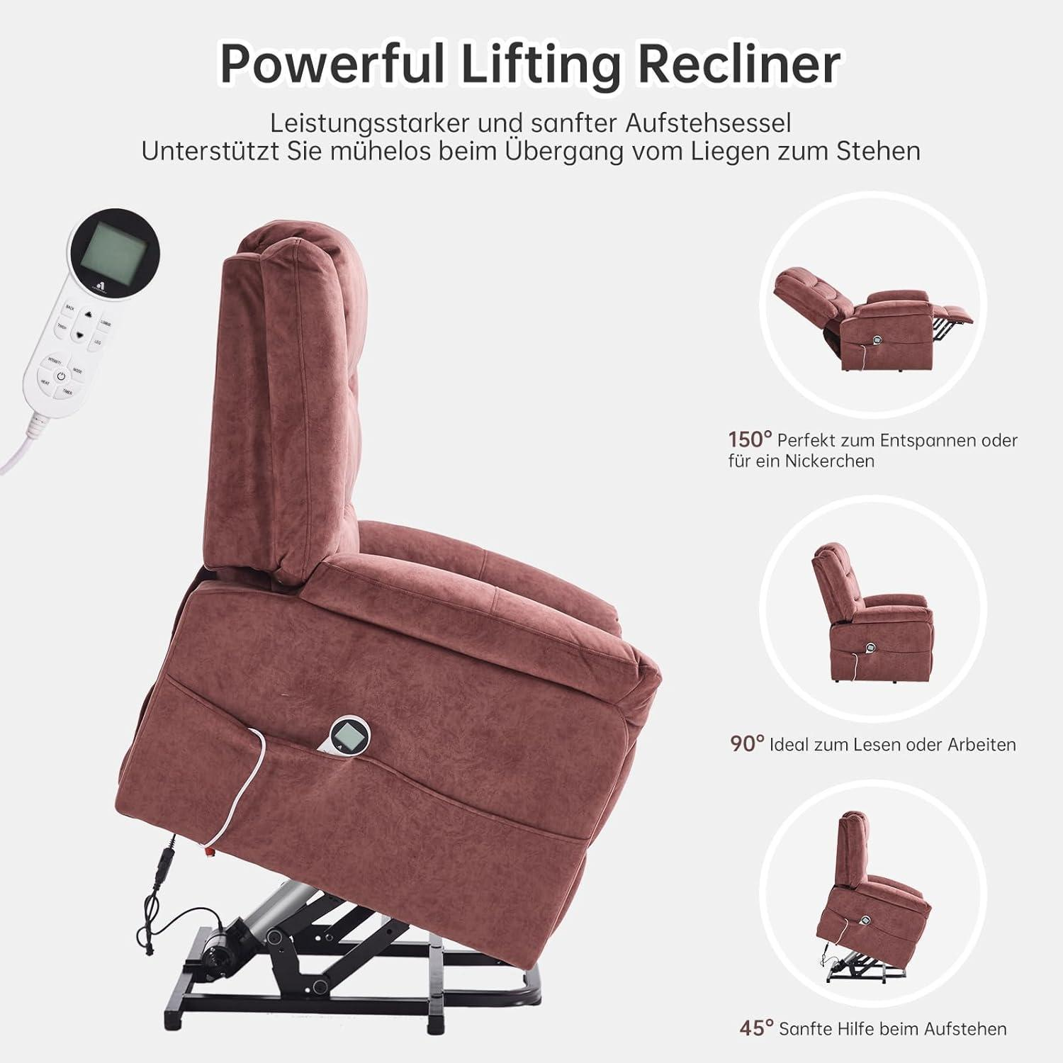 Una poltrona relax elevatore elettrica viola con telecomando e vari angoli regolabili.