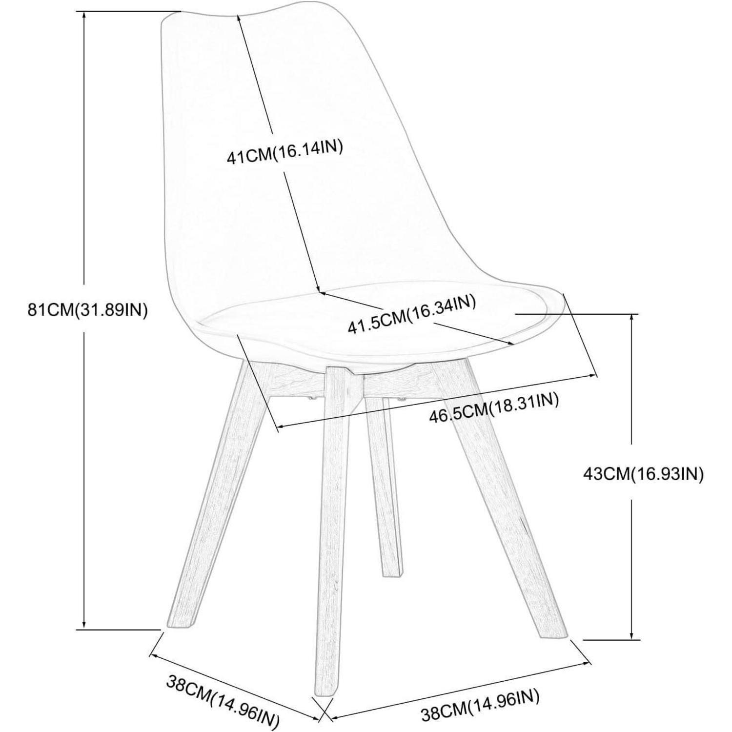 Schema tecnico di una sedia moderna con misure dimensionali.