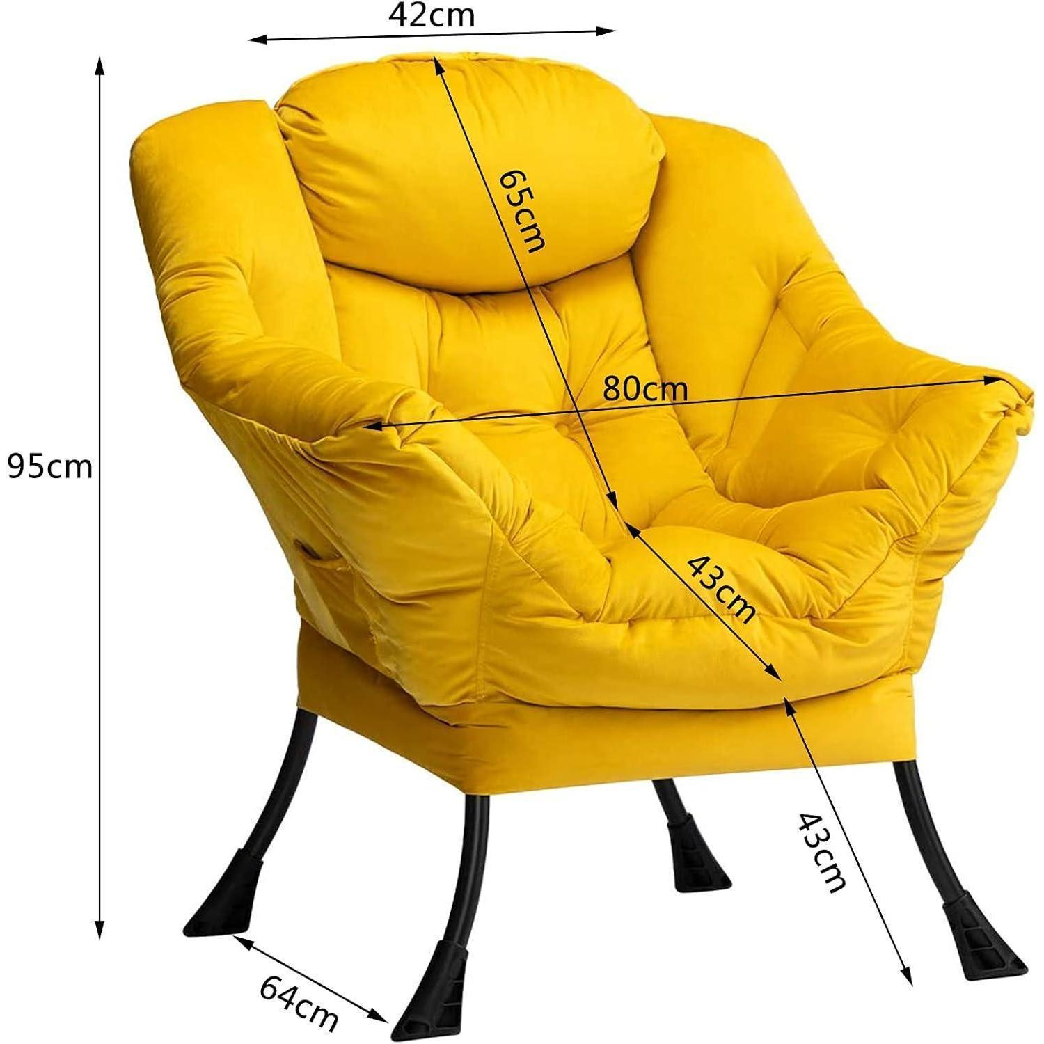 Poltrona imbottita gialla con gambe in metallo nero e misure in centimetri su sfondo bianco.