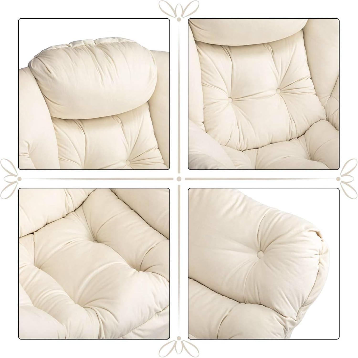 Quattro primi piani di una poltrona beige imbottita con bottoni.