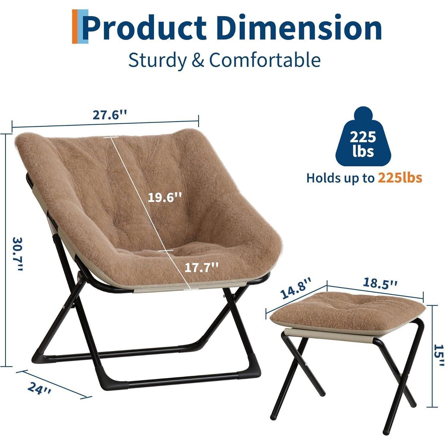 Diagramma con le dimensioni di una sedia pieghevole beige pelosa e poggiapiedi, che regge fino a 225 libbre.