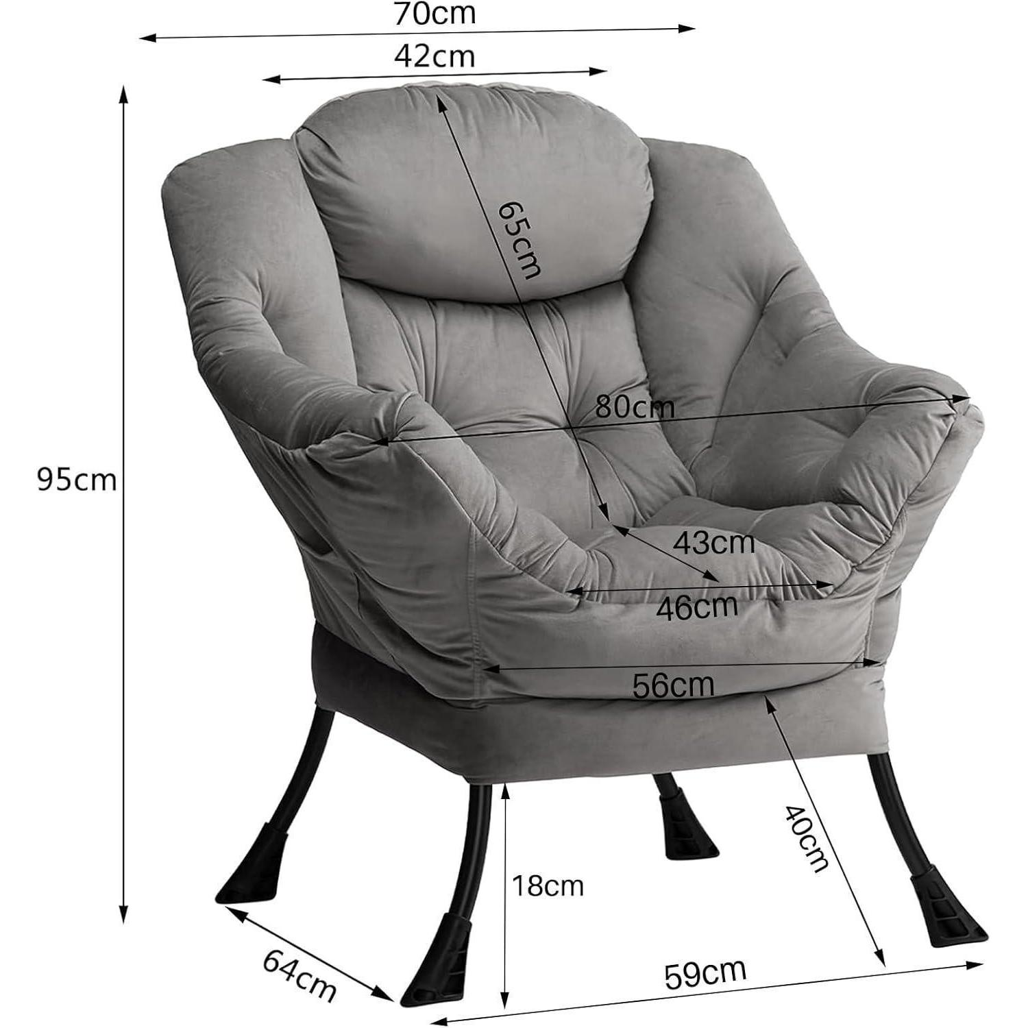 Poltrona grigia con gambe in metallo nero e quote dimensionali.