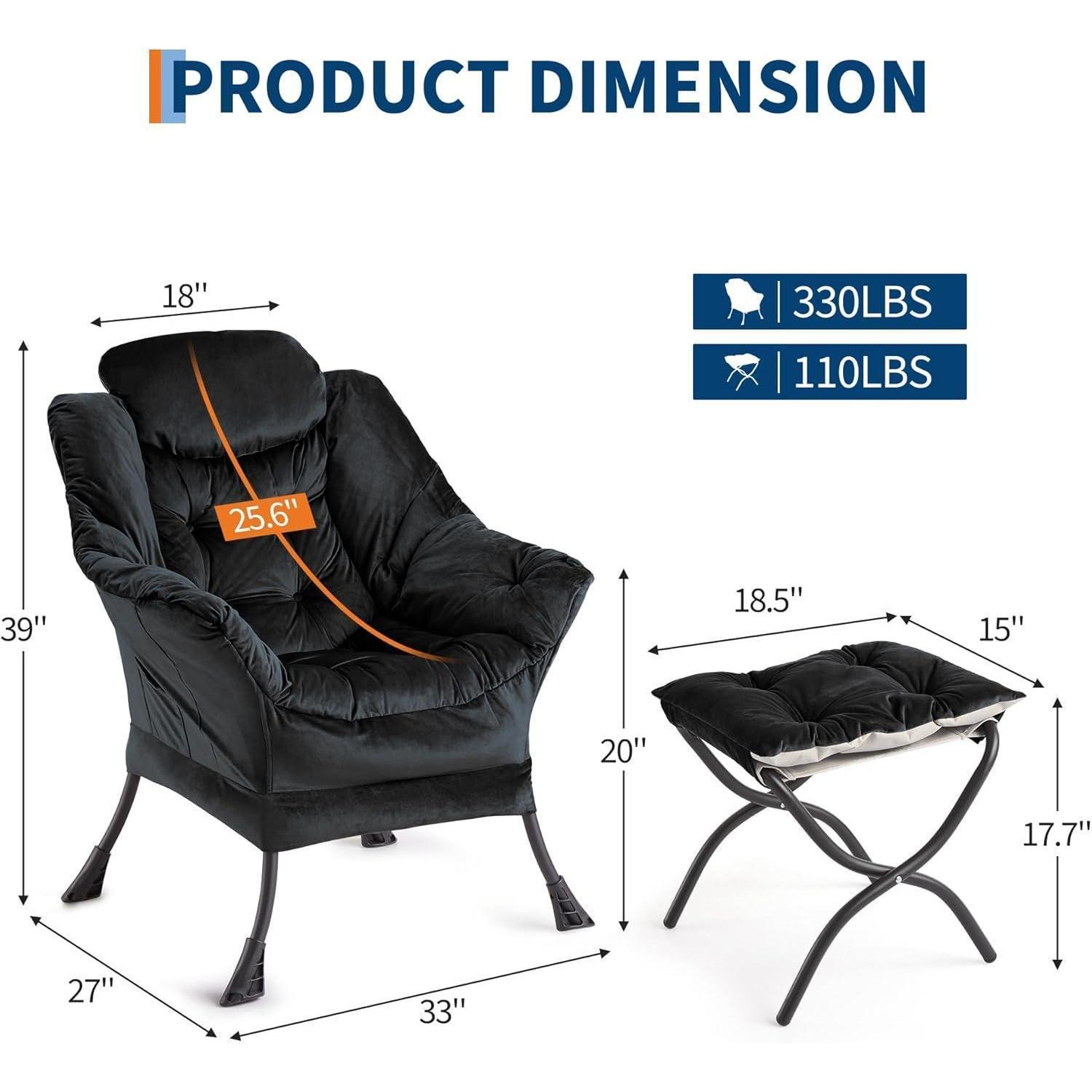 Dimensioni del prodotto di una poltrona nera con poggiapiedi e limiti di peso.