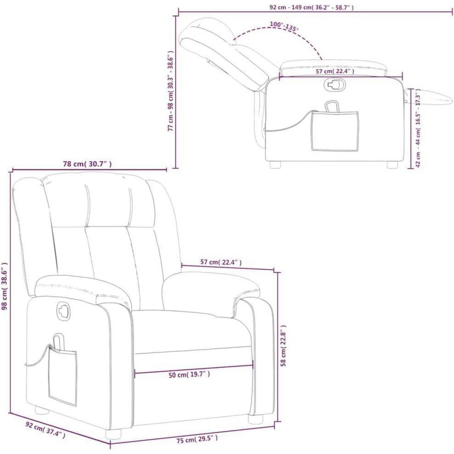 Disegno tecnico di una poltrona con misure in centimetri e pollici per altezza, larghezza e profondità.