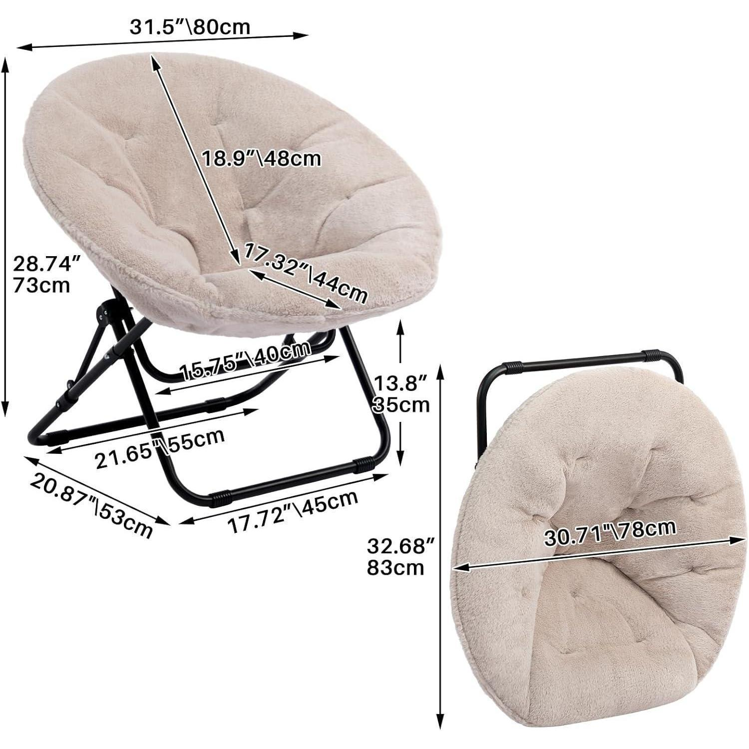 Diagramma che mostra le dimensioni di una sedia a disco pieghevole beige con telaio nero.