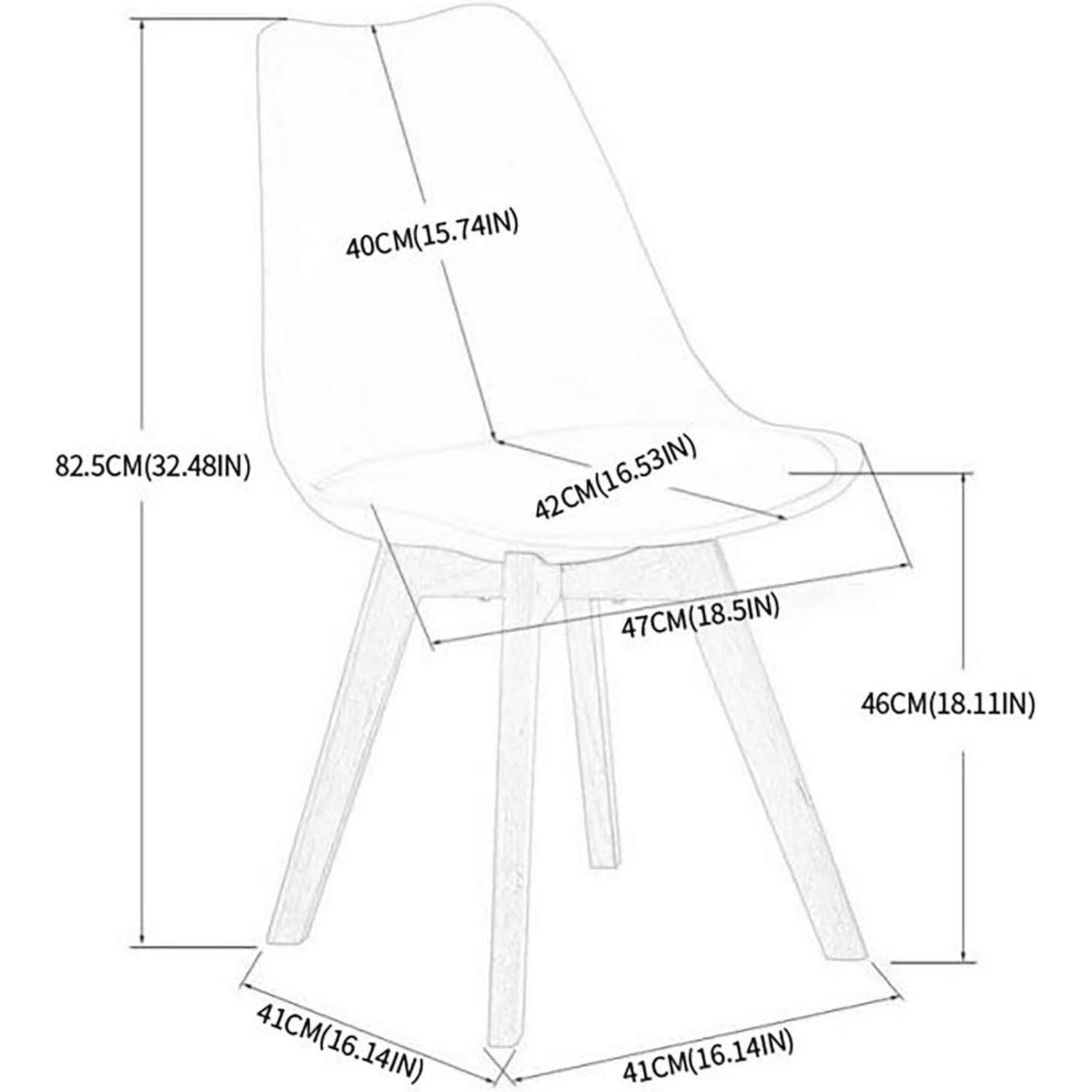 Disegno al tratto di una sedia moderna con gambe in legno, che mostra le dimensioni in centimetri e pollici.