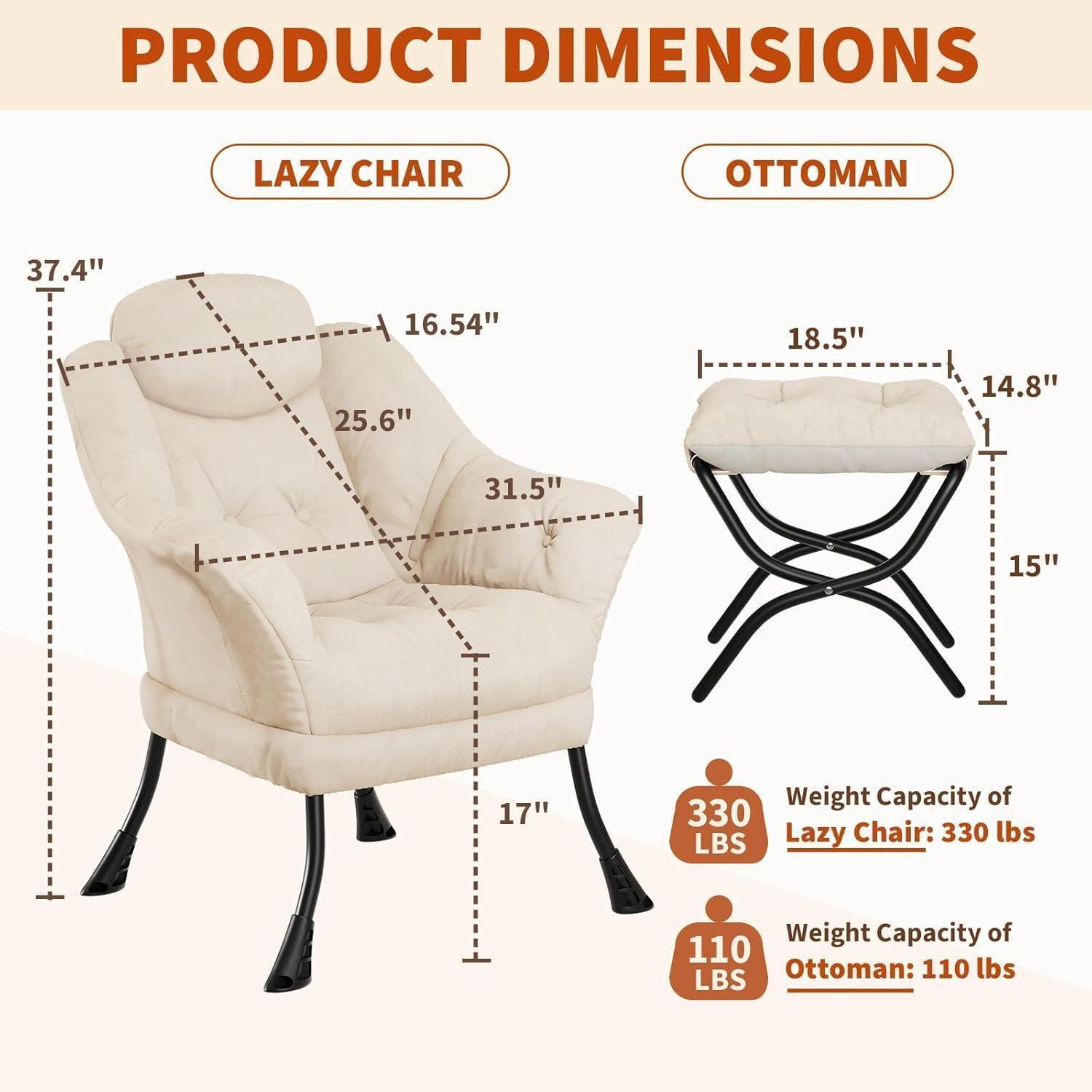 Dimensioni del prodotto per poltrona e pouf con misure in pollici e pesi.