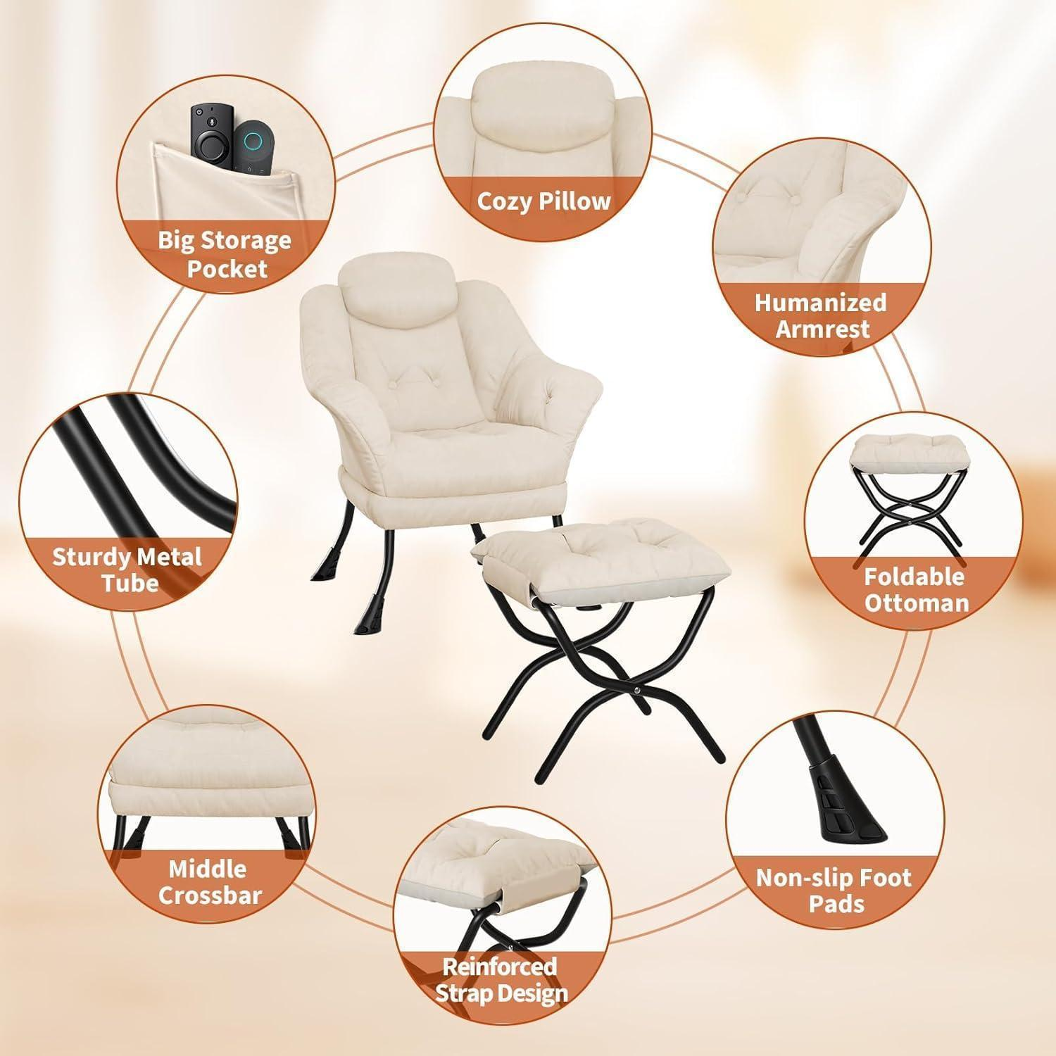 Poltrona e pouf beige con dettagli su cuscini, gambe e tasche.