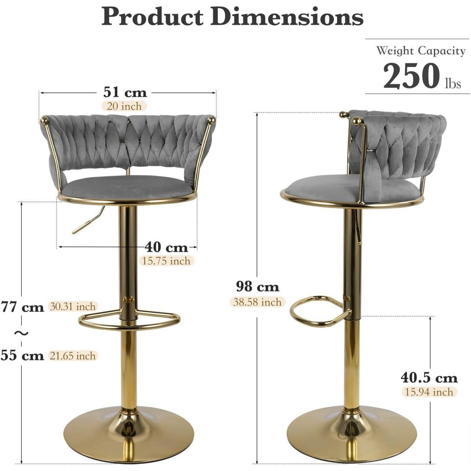 Il diagramma mostra le dimensioni e 250 lbs di capacità di uno sgabello grigio con struttura dorata.