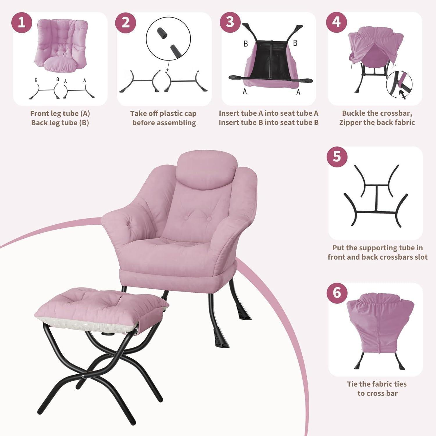 Guida di montaggio passo dopo passo per una poltrona rosa con pouf abbinato, con parti numerate.