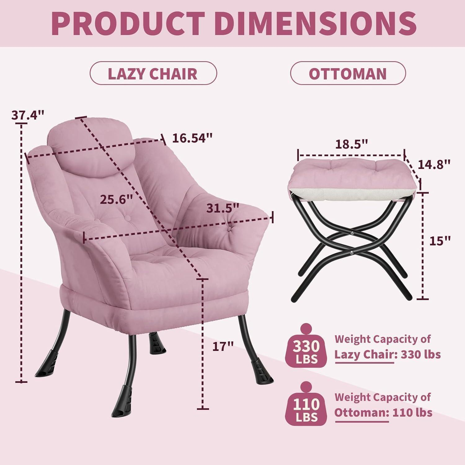 Grafico delle dimensioni di una poltrona rosa e un pouf con misure e capacità di peso.