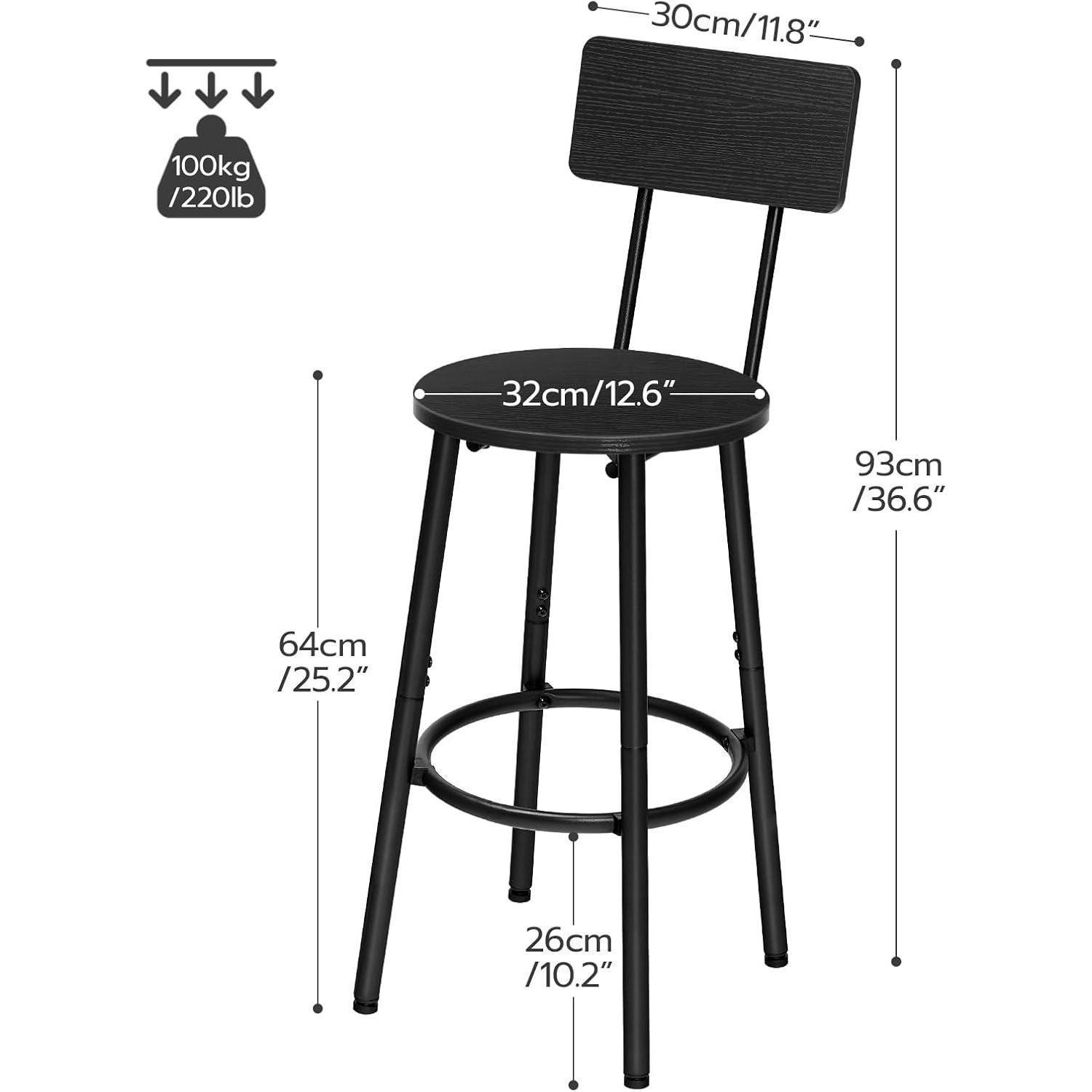 Diagramma di uno sgabello da bar nero con dimensioni e capacità di carico di 100 kg.