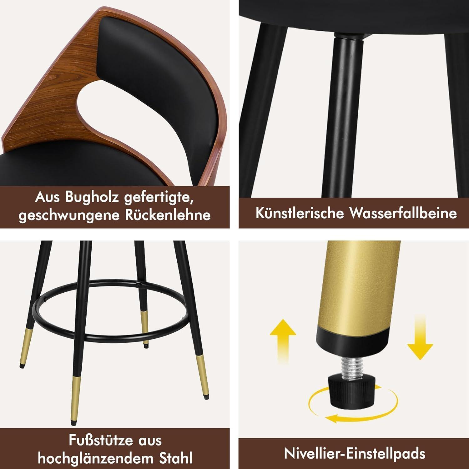 Primo piano in quattro parti di una sedia con legno curvato, gambe in metallo nero, poggiapiedi e piedini regolabili.